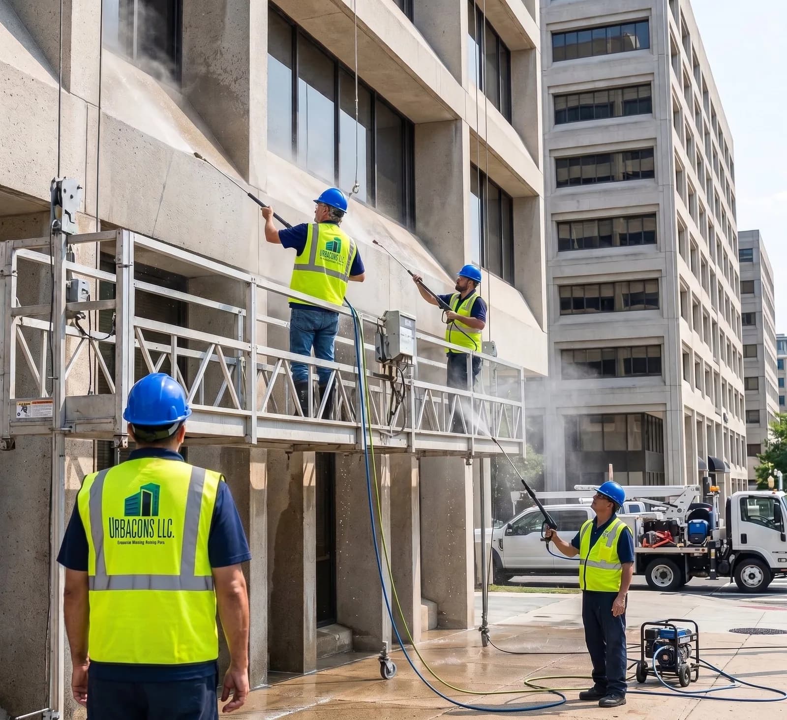Urbacons crew power washing the exterior of a commercial building from a work platform