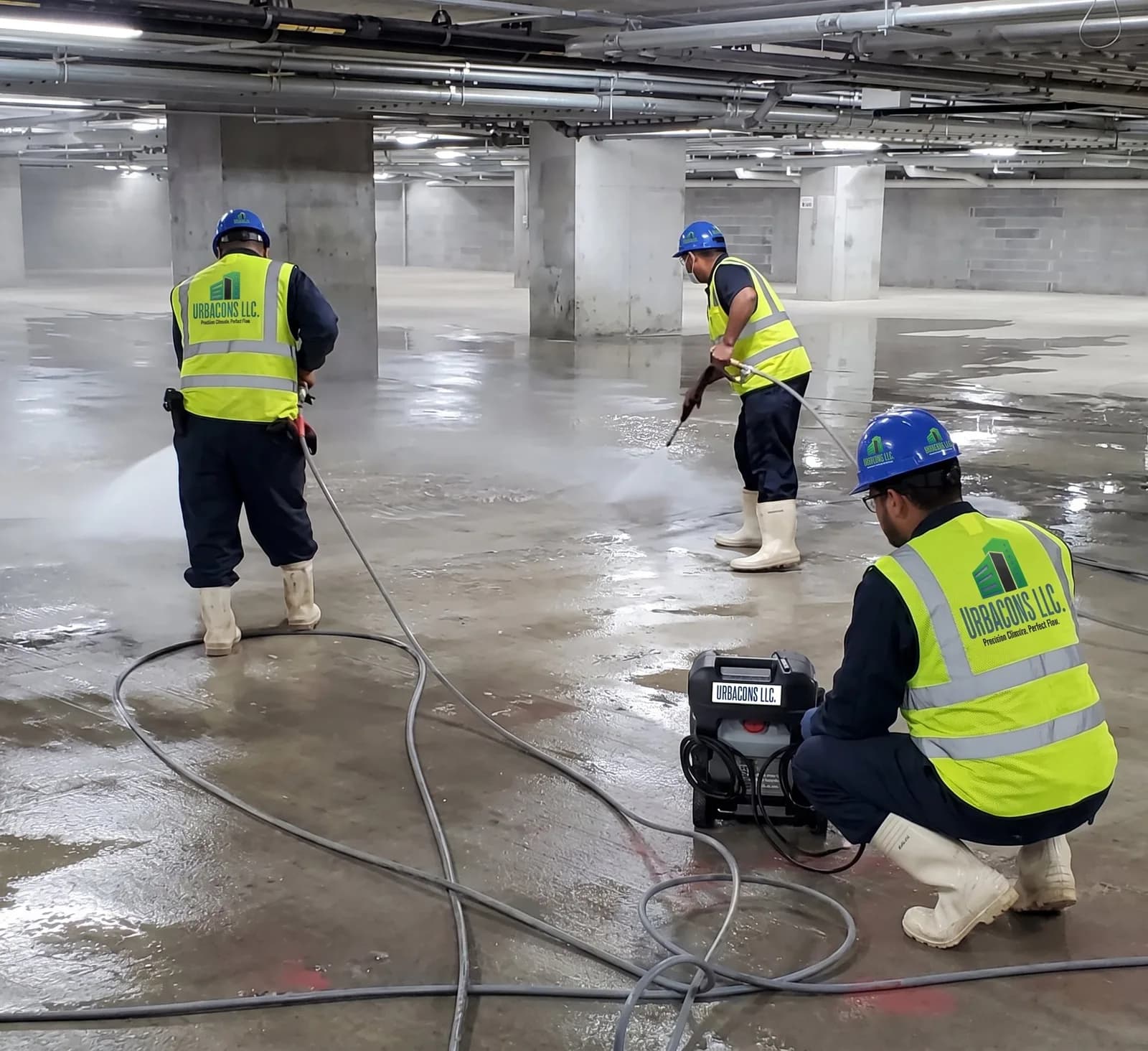Urbacons crew pressure washing the floor of a parking garage