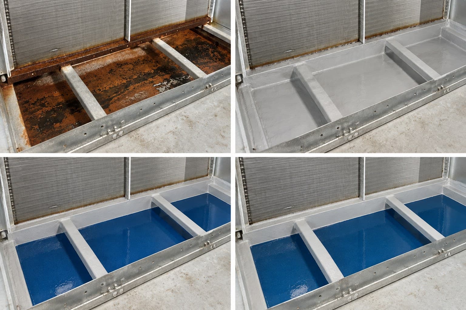 Condensate drain pan restoration in four stages: corroded, resurfaced, coated and finished