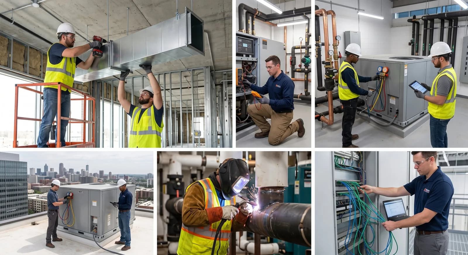 HVAC technicians installing ductwork, servicing rooftop and packaged units, and checking equipment controls