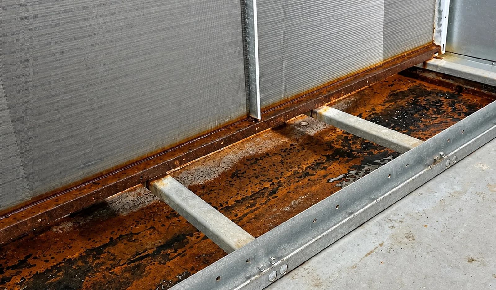 Corroded condensate drain pan along the cooling coil, before restoration