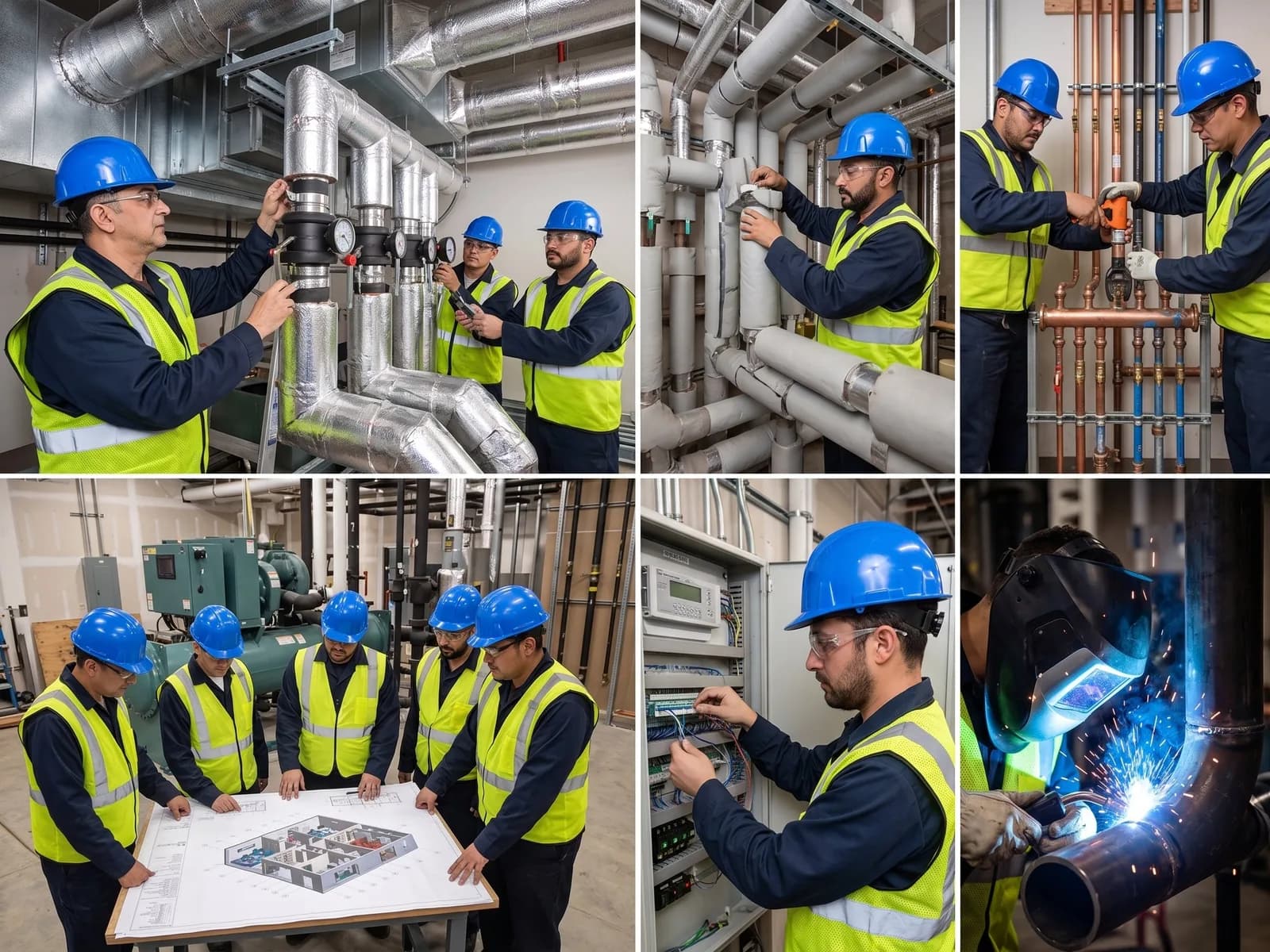 Plumbing crew working on commercial piping and mechanical rooms, reviewing plans on site and welding pipe